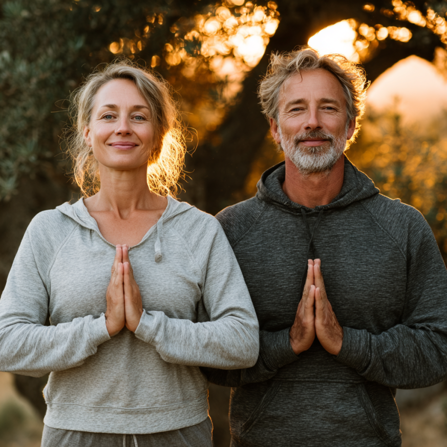 Щастлива възрастна жена прави упражнения