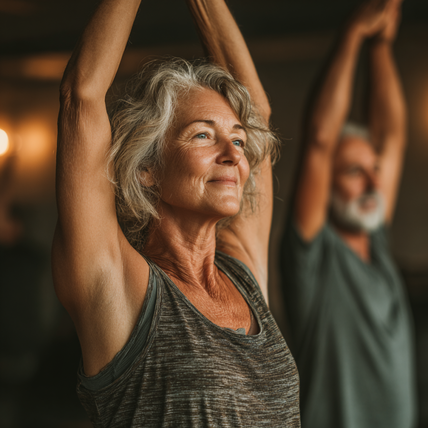 Активни възрастни хора се упражняват заедно